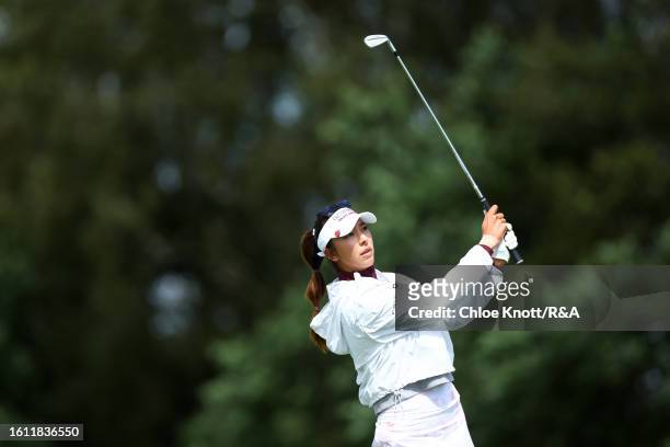 Alison Lee of the United States plays a shot on the 3rd hole on Day Four of the AIG Women's Open at Walton Heath Golf Club on August 13, 2023 in...