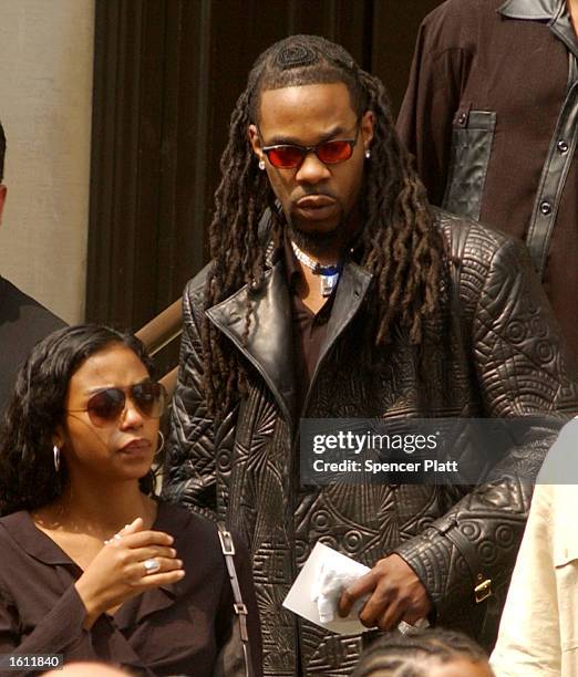 Hip-Hop artist Busta Rhymes exits the funeral service for the late R&B singer Aaliyah August 31, 2001 at St. Ignatius Loyola Church in New York City....