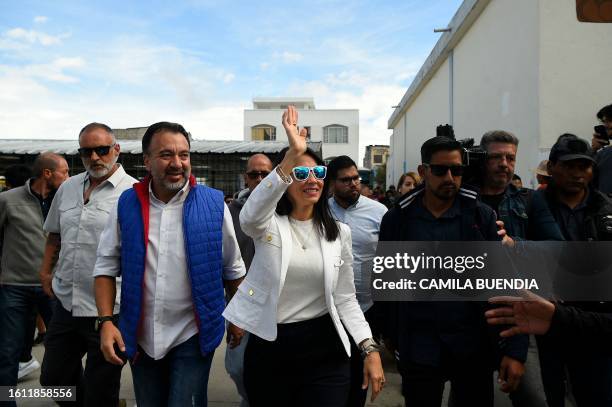 Ecuadorian presidential candidate for the Movimiento Revolucion Ciudadana party, Luisa Gonzalez , waves to supporters as she accompanies Quito's...