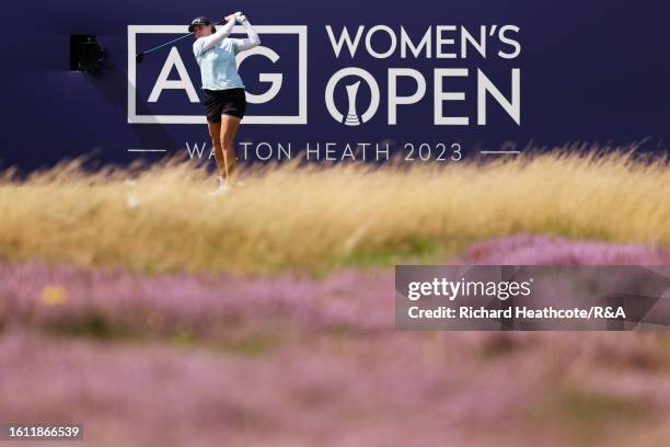 Ally Ewing of the United States tees off on the 1st hole on Day Four of the AIG Women's Open at Walton Heath Golf Club on August 13, 2023 in...