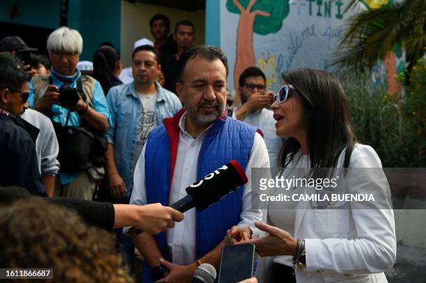 Ecuadorian presidential candidate for the Movimiento Revolucion Ciudadana party, Luisa Gonzalez , speaks to members to the media as she accompanies...