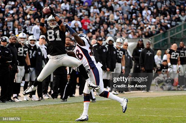 Oakland Raiders wide receiver Chaz Schilens makes a 15 yard catch in front of Denver Broncos free safety Quinton Carter in the 3rd quarter at the...