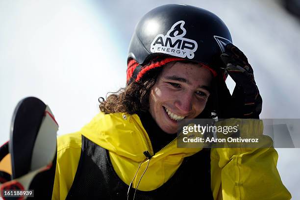 Luke Mitrani reacts to his run during the men's snowboard superpipe elimination at Winter X Games 2012 at Buttermilk Mountain in Aspen on Sunday,...