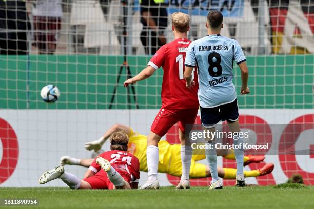 Laszlo Benes of Hamburg scores the forth goal during the DFB cup first round match between Rot-Weiss Essen and Hamburger SV at Stadion an der...