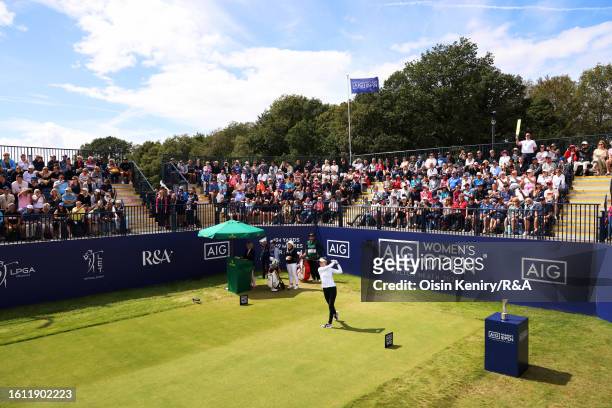 Nelly Korda of the United States tees off on the 1st hole on Day Four of the AIG Women's Open at Walton Heath Golf Club on August 13, 2023 in...