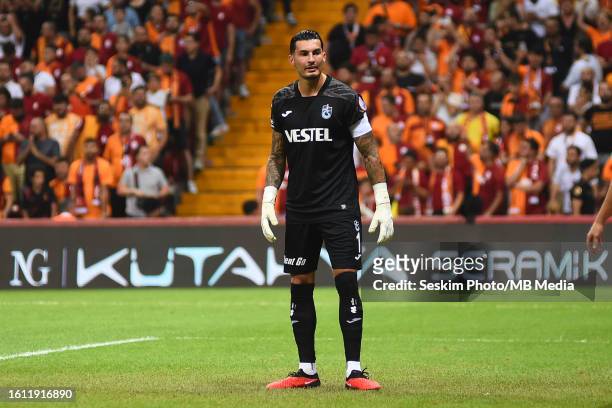 Goalkeeper Ugurcan Cakir of Trabzonspor reacts during the Super Lig match between Galatasaray and Trabzonspor at RAMS Park stadium on August 19, 2023...