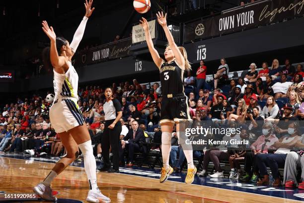 Li Meng of the Washington Mystics shoots the ball during the game against the Dallas Wings on August 20, 2023 at Entertainment & Sports Arena in...