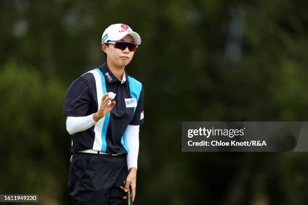 Hyo Joo Kim of South Korea reacts on the 3rd green on Day Four of the AIG Women's Open at Walton Heath Golf Club on August 13, 2023 in Tadworth,...