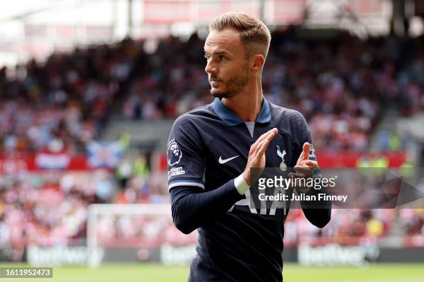 James Maddison of Tottenham Hotspur applauds the fans during the Premier League match between Brentford FC and Tottenham Hotspur at Gtech Community...
