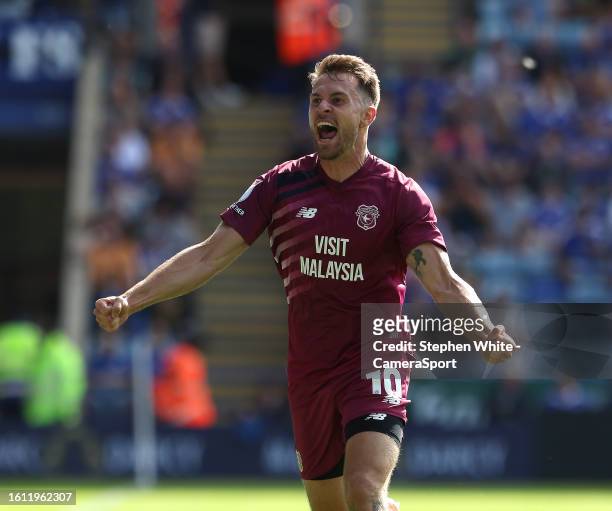 Cardiff City's Aaron Ramsey celebrates scoring his side's equalising goal to make the score 1-1 during the Sky Bet Championship match between...