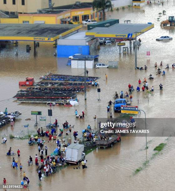 Aerial view of a flooded area along the Itajay river valley in Santa Catarina state, southern Brazil, on November 27, 2008. Flooding and landslides...