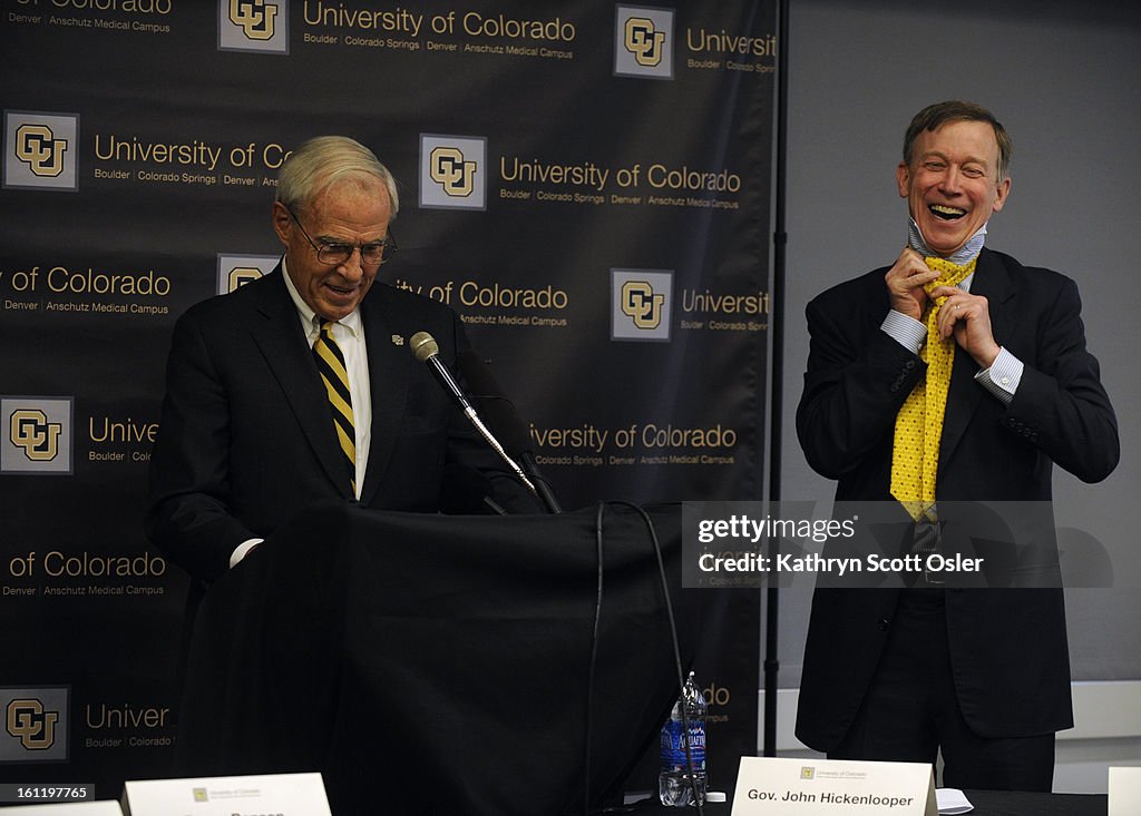 University of Colorado President Bruce Benson along with his wife Marcy and flanked by regents and supporters, announces "Creating Futures", a $1.5 billion fundraising campaign benefiting the university. Benson says more than $900 million has been raised
