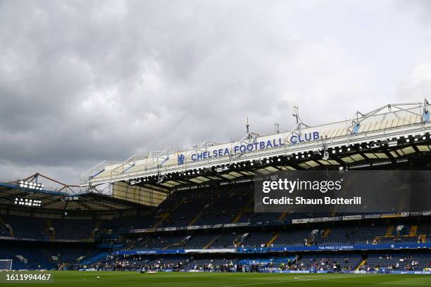 General view of the inside of the stadium, as the new "Chelsea Football Club" signage on the roof of the East Stand can be seen, prior to the Premier...