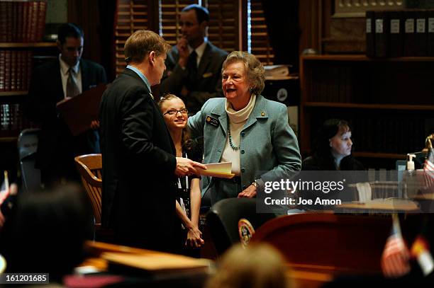 Sen. Jeanne Nicholson with 11 year old Sarah Burke from Dillon Valley Elementary in Silverthorne on the senate floor during the first "Girls With...