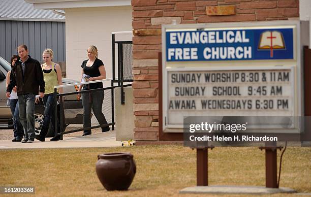 Members of the Free Evangelical church in Burlington exit the church after Sunday morning worship services. The church is still reeling from the...