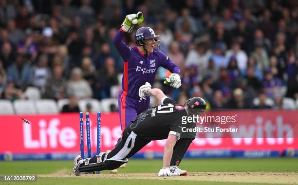 Superchargers wicketkeeper Tom Banton stumps Originals batter Ashton Turner during The Hundred match between Northern Superchargers Men and...