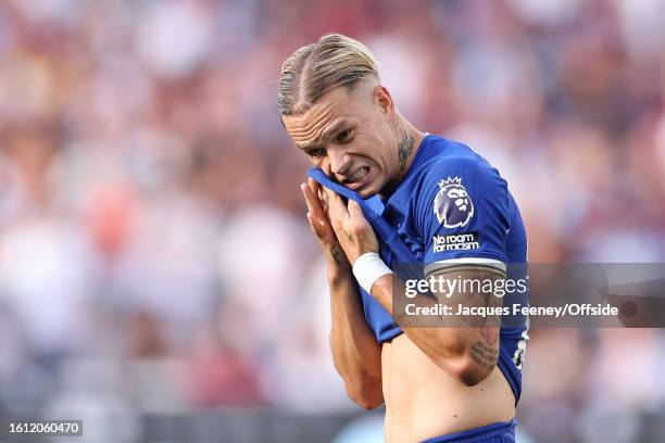 Mykhaylo Mudryk of Chelsea reacts during the Premier League match between West Ham United and Chelsea FC at London Stadium on August 20, 2023 in...