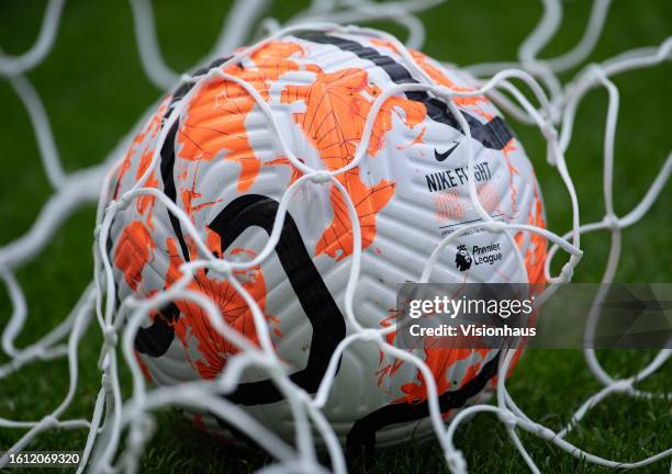 The new official Premier League match ball, the Nike flight, in the back of the net before the Premier League match between Newcastle United and...