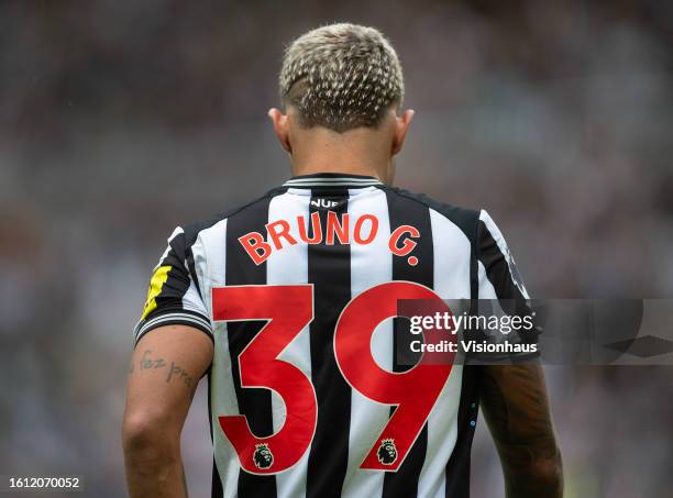Bruno Guimaraes of Newcastle United during the Premier League match between Newcastle United and Aston Villa at St. James Park on August 12, 2023 in...
