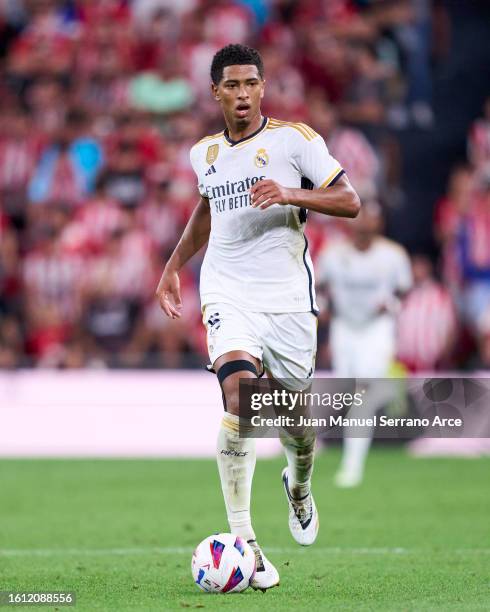 Jude Bellingham of Real Madrid in action during the LaLiga EA Sports match between Athletic Club and Real Madrid CF at Estadio de San Mames on August...