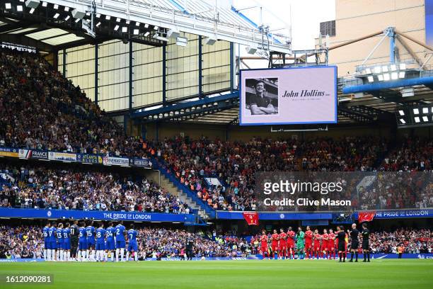 General view of the inside of the stadium as players of Chelsea and Liverpool pause for a minutes applause in memory of former Chelsea Player and...