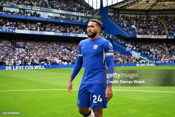 Reece James of Chelsea looks on, whilst wearing the Captains Armband, prior to the Premier League match between Brentford FC and Tottenham Hotspur at...