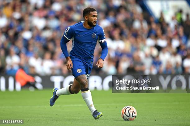 Reece James of Chelsea runs with the ball during the Premier League match between Chelsea FC and Liverpool FC at Stamford Bridge on August 13, 2023...