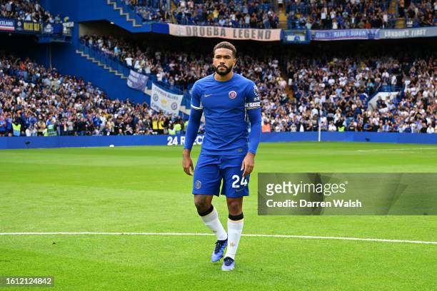 Reece James of Chelsea looks on, whilst wearing the Captains Armband, prior to the Premier League match between Brentford FC and Tottenham Hotspur at...