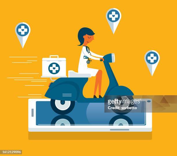 illustrations, cliparts, dessins animés et icônes de femme médecin - pharmacie de livraison de motos de médicaments - delivery bike
