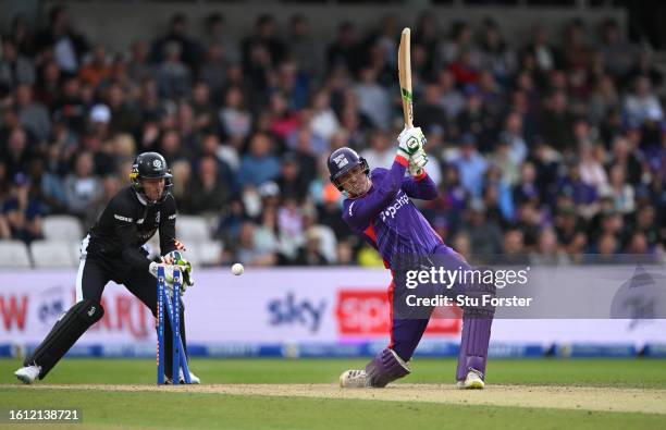 Superchargers batter Tom Banton is bowled by Usama Mir as Jos Buttler reacts during The Hundred match between Northern Superchargers Men and...