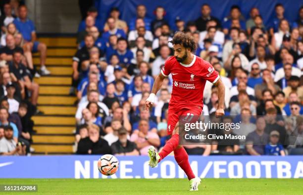 Mohamed Salah of Liverpool scores the team's second goal which is later disallowed for offside during the Premier League match between Chelsea FC and...