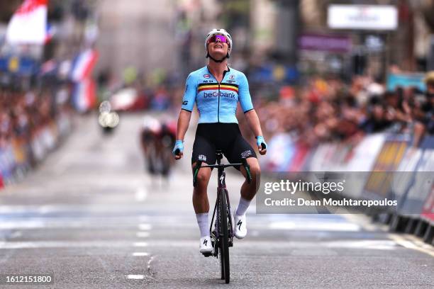 Lotte Kopecky of Belgium celebrates at finish line as race winner during the Women Elite & Women U23 Road Race a 154.1km race from Loch Lomond to...