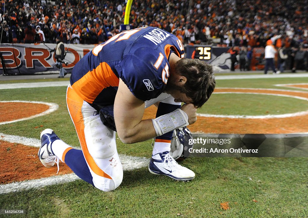 Denver Broncos quarterback Tim Tebow celebrates his 80 yd touchdown pass to beat the Pittsburgh Steelers 29-23 in the first round of the AFC playoffs Sunday January 8, 2012 at Sports Authority Field at Mile High. AAron Ontiveroz, The Denver Post