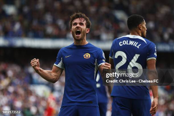 Ben Chilwell of Chelsea celebrates after scoring the team's second goal which is later disallowed during the Premier League match between Chelsea FC...