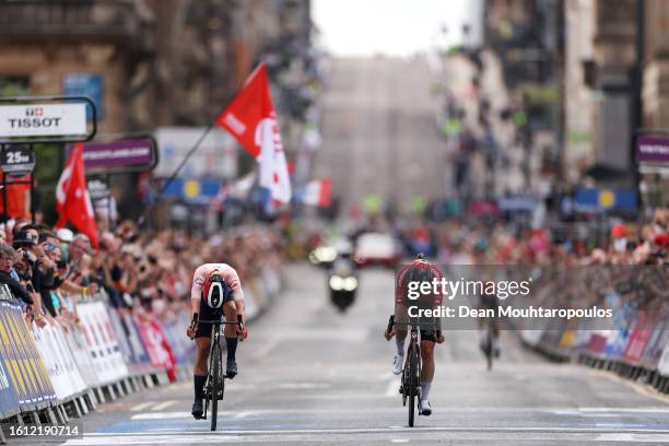 Demi Vollering of The Netherlands and Cecilie Ludwig of Denmark sprint at finish line during the Women Elite & Women U23 Road Race a 154.1km race...