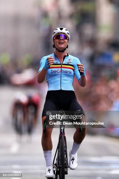 Lotte Kopecky of Belgium celebrates at finish line as race winner during the Women Elite & Women U23 Road Race a 154.1km race from Loch Lomond to...