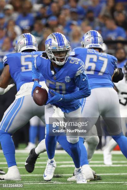 Detroit Lions Teddy Bridgewater looks to pass during the first half of an NFL preseason football game against the Jacksonville Jaguars in Detroit,...