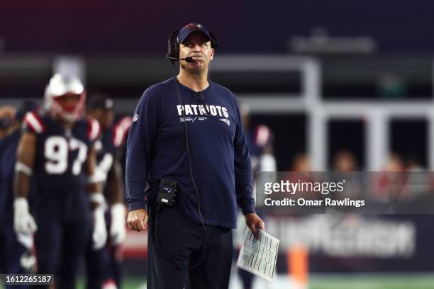 Offensive coordinator Bill O'Brien looks on during the fourth quarter during the preseason game against the Houston Texans at Gillette Stadium on...