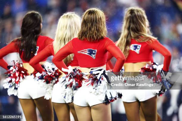 The New England Patriots cheerleaders during the game between The New England Patriots and the Houston Texans at Gillette Stadium on August 10, 2023...