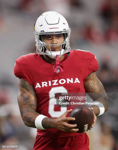 Running back James Conner of the Arizona Cardinals warms up before the NFL game at State Farm Stadium on August 11, 2023 in Glendale, Arizona. The...