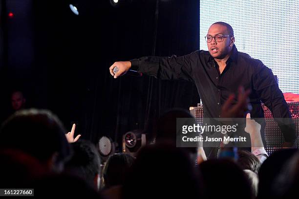 Musician Timbaland performs during mPowering Action, a global mobile youth movement at Grammy Week launch, featuring performances by Timbaland and...