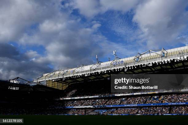General view of the inside of the stadium, as the new "Chelsea Football Club" signage on the roof of the East Stand can be seen, during the Premier...