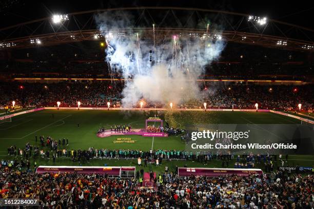 General view of Stadium Australia as Spain lift the trophy during the FIFA Women's World Cup Australia & New Zealand 2023 Final match between Spain...