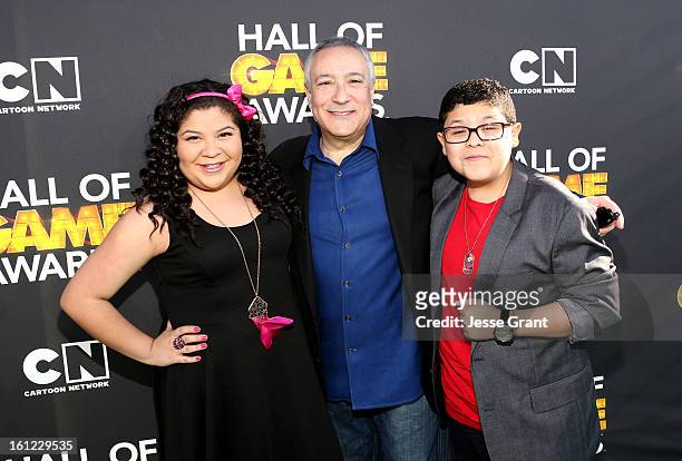 Actress Raini Rodriguez, President/COO of Cartoon Network, Stuart Snyder and actor Rico Rodriguez attend the Third Annual Hall of Game Awards hosted...