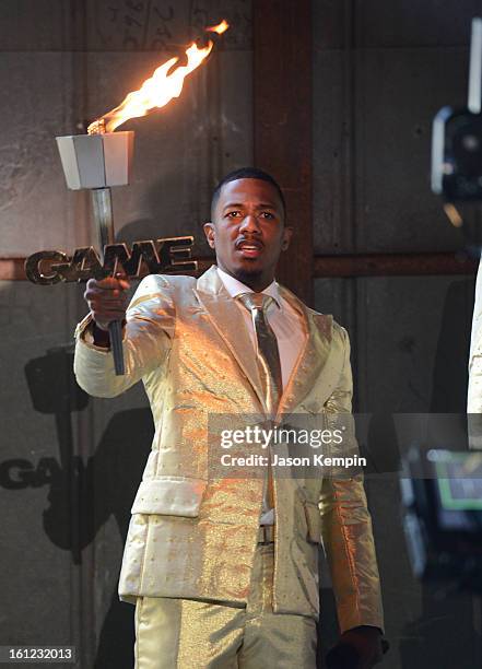 Co-host Nick Cannon attends the Third Annual Hall of Game Awards hosted by Cartoon Network at Barker Hangar on February 9, 2013 in Santa Monica,...