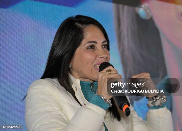 Ecuadorian presidential candidate for the Movimiento Revolucion Ciudadana party, Luisa Gonzalez, speaks to her supporters after learning the first...