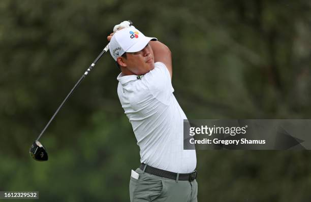 Si Woo Kim of South Korea plays his shot from the seventh tee during the final round of the FedEx St. Jude Championship at TPC Southwind on August...