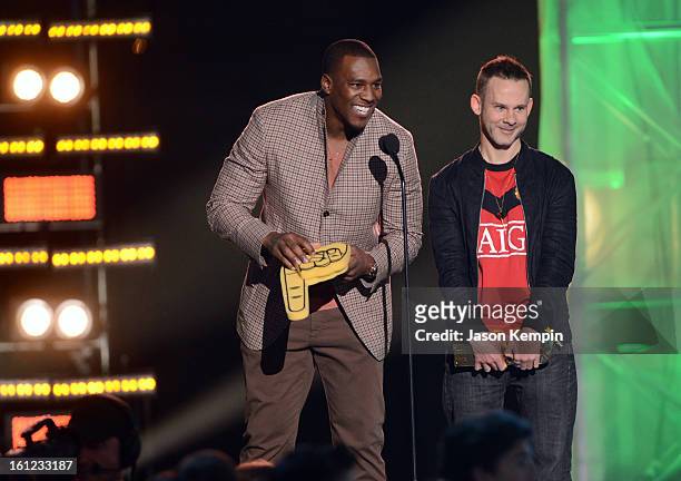 Presenter professional football player Antonio Gates and presenter Dominic Monaghan attend the Third Annual Hall of Game Awards hosted by Cartoon...