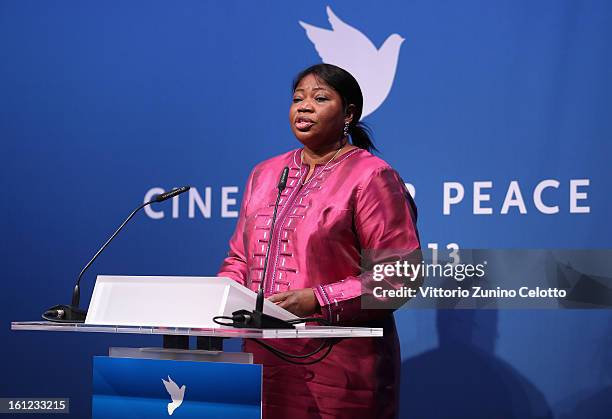 Fatou Bensouda speaks onstage during the Cinema For Peace Gala 2013 during the 63rd Berlinale International Film Festival at the Waldorf Astoria...