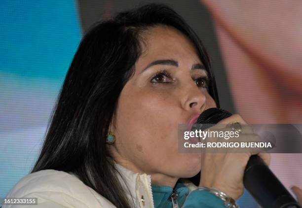 Ecuadorian presidential candidate for the Movimiento Revolucion Ciudadana party, Luisa Gonzalez, speaks to her supporters after learning the first...